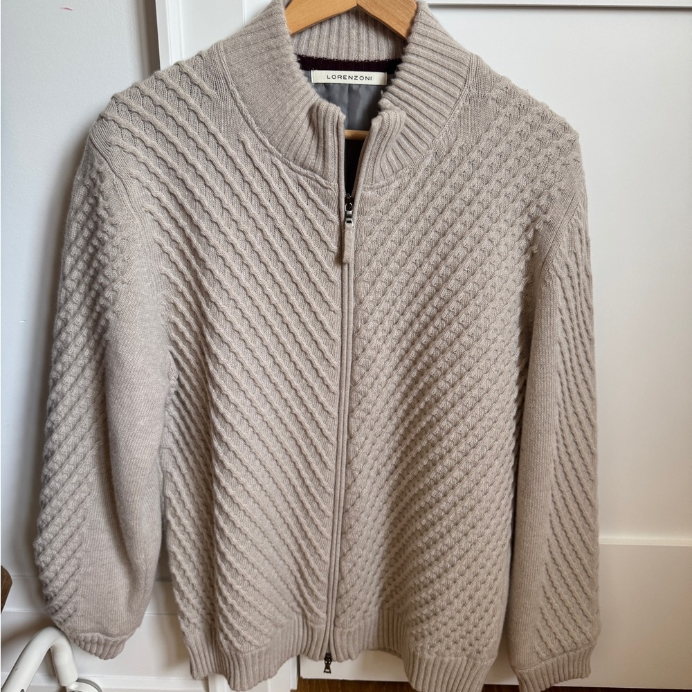 Lorenzo Beige Ribbed Knit Zip-Up Sweater